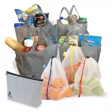 8-Piece Reusable Grocery Bag and Produce Bag Set w/Canvas Carrying Pouch Gray