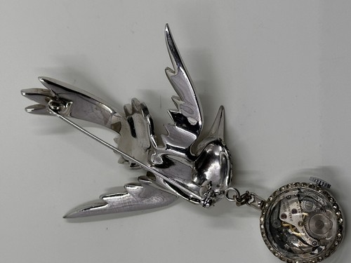 Vintage alte Strass Topf Metall Vogel im Flug Brosche Welsbro Uhr Anstecknadel - Bild 6 von 15