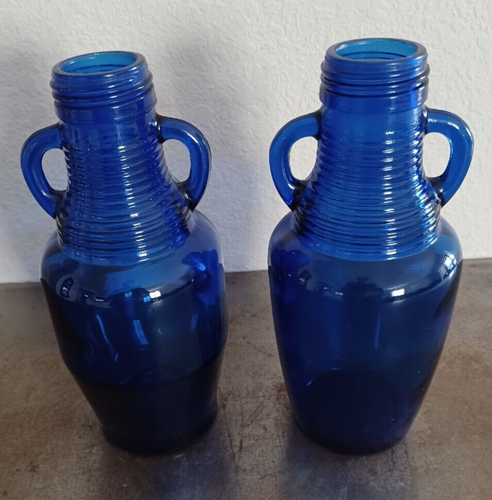 2 botellas de vidrio azul Luna Café azul cobalto doble mango cuello acanalado 7" de alto - Imagen 15 de 17