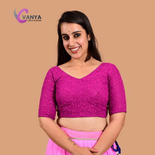 Chikankari embroidery Round-Neck Sleeves Saree Blouse - Non-Padded | Available - Picture 2 of 5