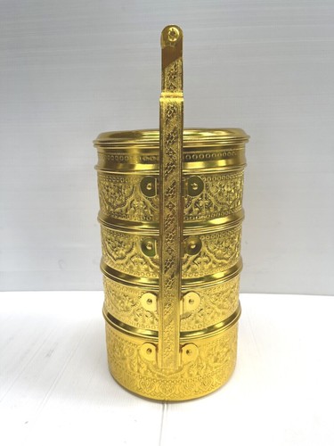Vintage Style Thai Traditional Silver Aluminium Tiffin Gold Lunch Box 18 cm Gift - Picture 17 of 50