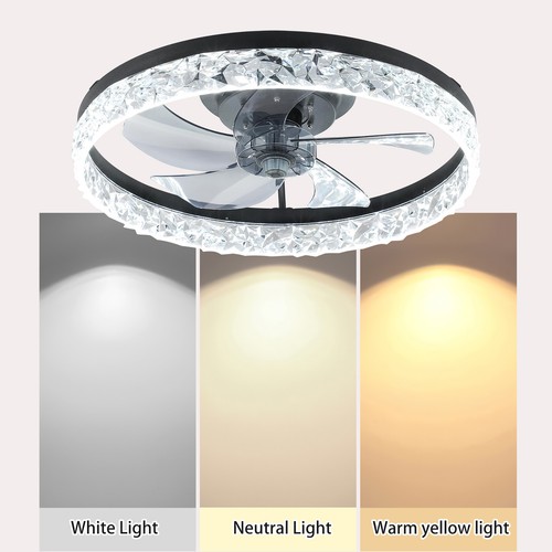 20'' Flush Mount Kit LED Low Profile Fan Light Crystal Design 6 Speeds Ceiling - Picture 5 of 10