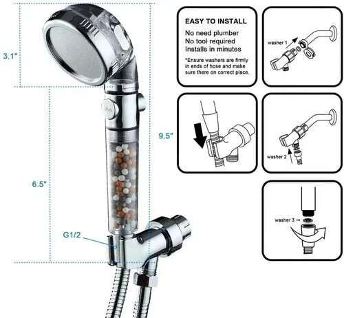 High Pressure Adjustable Rain Ionic Shower Head with 5FT. Hose Combo - Picture 3 of 7