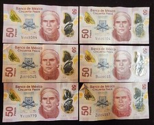 Lote de 6 Billetes diferente firma Mexico de 2013 al 2019 50 pesos con mariposas