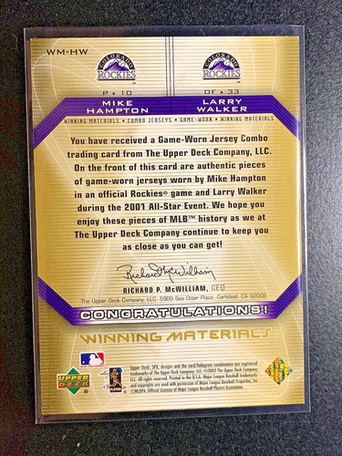 2002 Upper Deck SPx Larry Walker/Mike Hampton Winning Materials Jersey Swatch - Picture 2 of 2