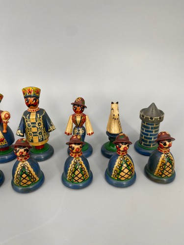 * ANCIENNES FIGURINES D'ÉCHECS LOT ARZGEBIRGE PEINTES À LA MAIN ROUGE BLEU - Photo 11/17