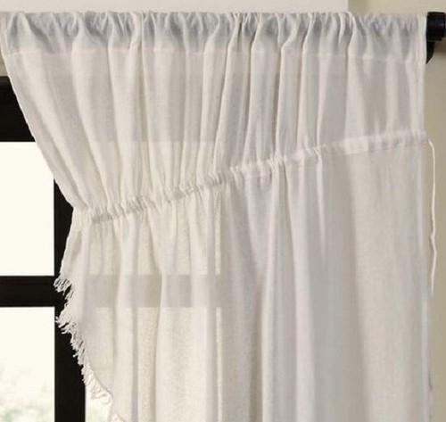 Sheer Tobacco Cloth Antique-White Color Fringed Drawstring Prairie Curtain Set - Foto 2 di 6