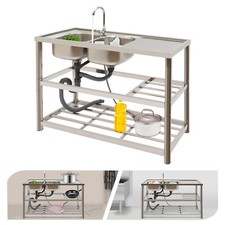 Commercial Stainless Restaurant Kitchen Sink Faucet  Drainboad Set Double Bowl