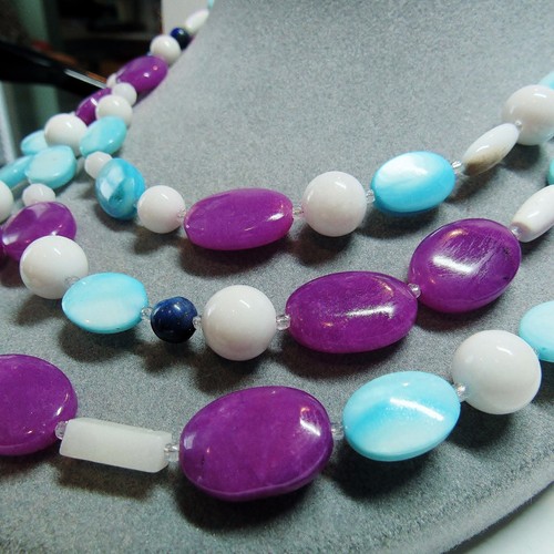Blue Purple White Stone Handmade Sterling Silver Clasp Extra Long 54" Necklace  - Picture 3 of 8