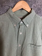 L.L. Bean Shirt Men Medium Green Check Seersucker Casual Work Hiking Camping