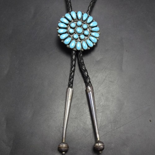 Vintage BOLO TIE Sterling Silver TURQUOISE CLUSTER Black Leather Cord 925 Tips - Picture 1 of 18