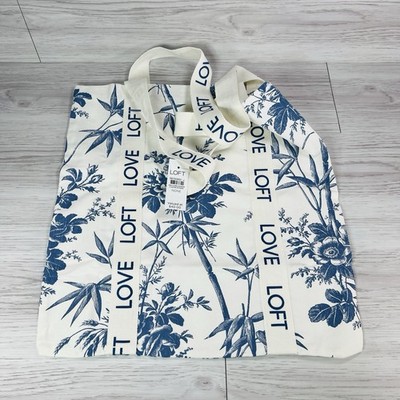 Loft Love Floral Print Canvas Tote Bag Blue Handle Coastal Nautical Shoulder