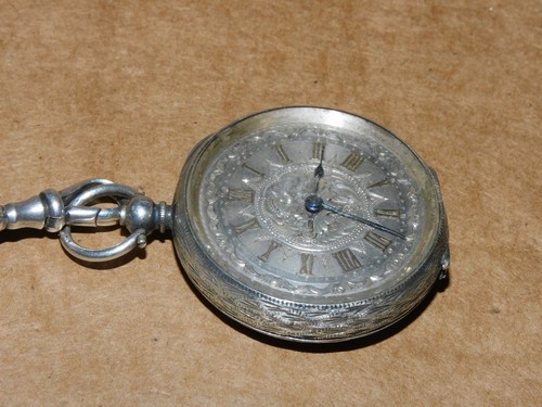 Antique .935 Silver Old Open Face Pocket Watch Key Wind w/ Chain Untested AS IS - Bild 11 von 21