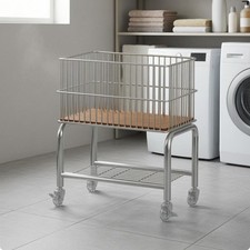 Wire Laundry Basket Trolley Wooden Handle Wheeled Laundry Rack Two-Tier