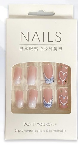24 French Tip false nails Pink White Hearts Gradient Glossy Press On Fake glue - Picture 7 of 7
