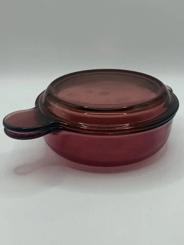 VTG Corning Vision Ware Cranberry Grab-It Bowl V-240-B w/ Pyrex Lid P-240-C EUC