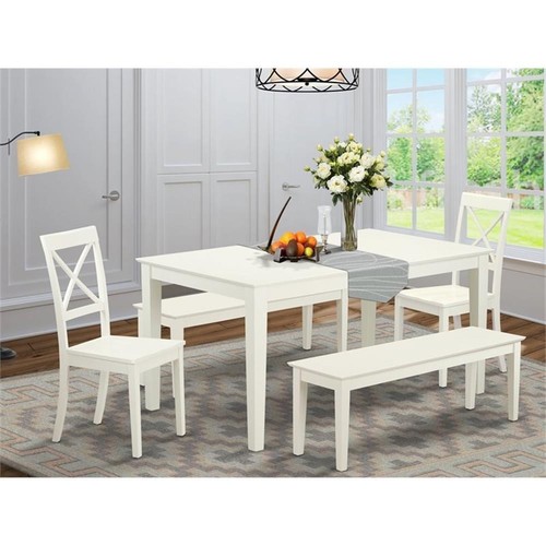East West Furniture Capri 5-piece Wood Dining Set with 2 Benches in White - Picture 2 of 6