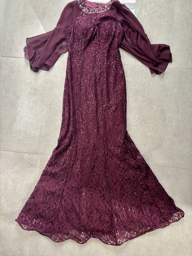 Ignite Evening Dress Size 6 Long Formal Lace Stretchy Burgundy Sequin Round Neck - Picture 7 of 9