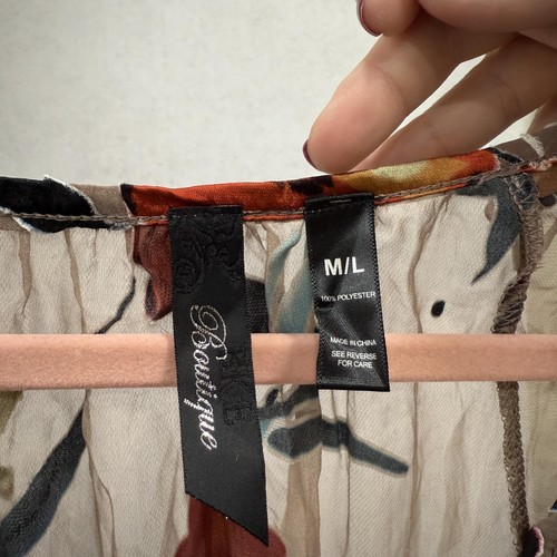 Floral Blouse Womens M/L Brown Sheer Boho Peasant Top Dolman Sleeve Flowy Henley - Picture 2 of 7