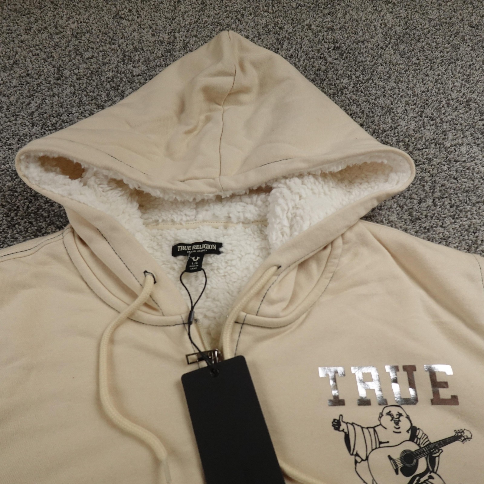 NEW True Religion Hoodie Mens L Beige Buddha Sherpa Full Zip Sweatshirt Jacket thumbnail 3
