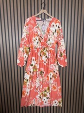 New Boohoo Dress 14 / L Womens Coral Midi Floral Faux Wrap Long Sleeve Stretch