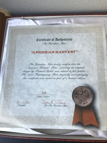 The Hamilton Mint “American Harvest” Fine Pewter Plate Thomas Rubel  COA & Box - Picture 7 of 13