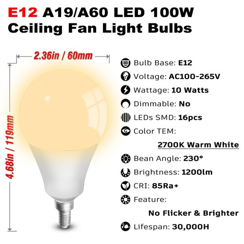 E12 A19 A60 LED Ceiling Fan Light Bulbs 100w Equivalent 2700K Warm White,E12 ... - Picture 4 of 7