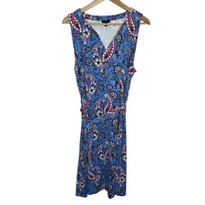 Talbots Womens Effortless Tie Waist Jersey Midi Dress XLP Blue Paisley Floral 