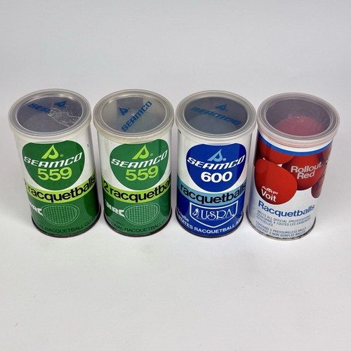 Bolas de raqueta rojas Seamco 559, 600 y AMF Voit desplegables en latas de acero usadas de colección - Imagen 15 de 21
