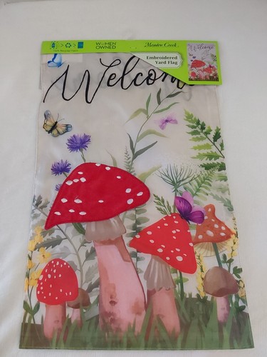 Meadow Creek Double-Sided Embroidery Yard Flag "Welcome" W/Mushrooms - Picture 1 of 4