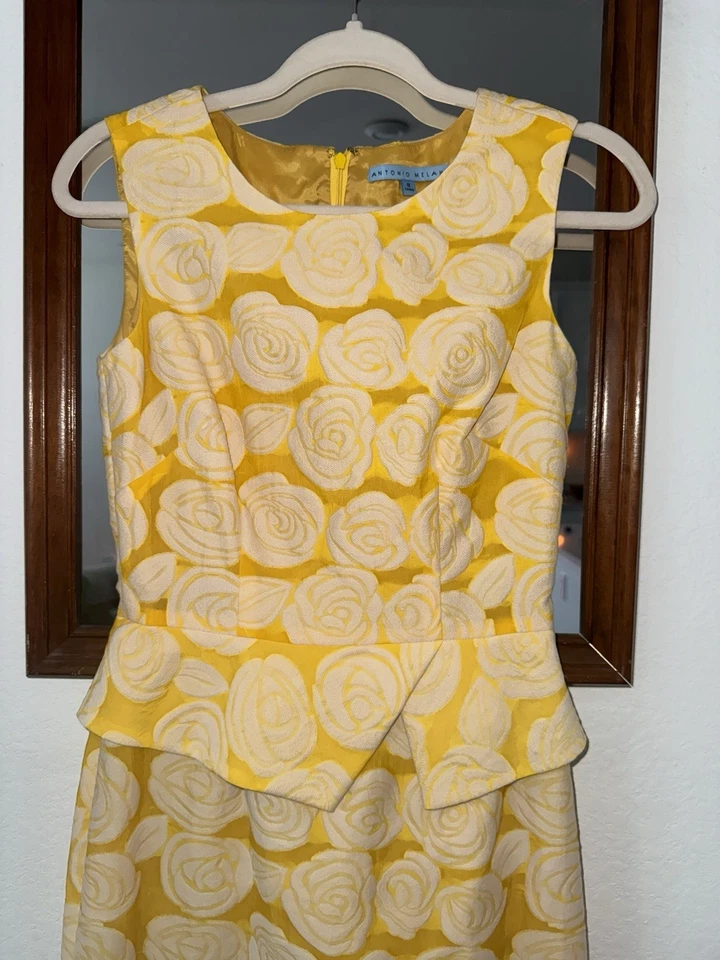 Vestido Antonio Melani Mujer Talla 4 Amarillo Blanco Rosas Peplum Floral Años 50 60 70’s Foto 3 de 4