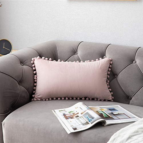 12x20 Throw Pillow Covers Pink: 2 Pack Cozy Soft Pom-poms Velvet Rectangular - Picture 2 of 7