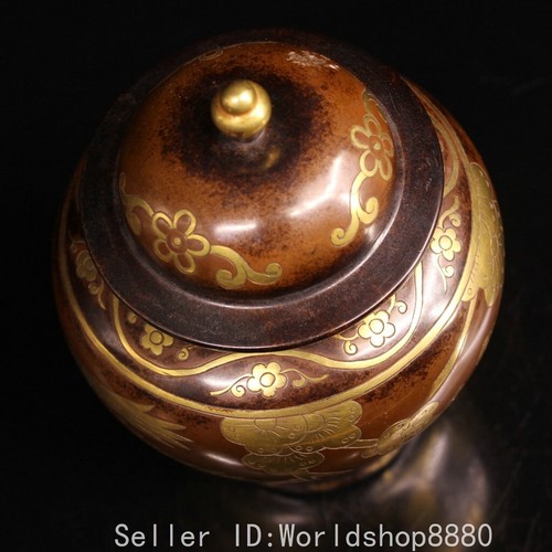 8" Old Chinese Xuande Marked Copper Gilt Fengshui Mandarin Duck Bird Lid Pot Jar - Picture 7 of 9