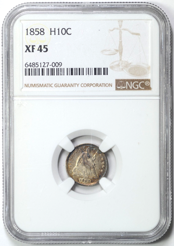 1858 SEATED LIBERTY HALF DIME NGC XF45 NICE COIN