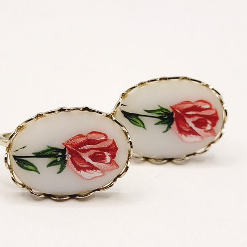 Feminine Floral Hand Painted Rose on White Ceramic Gold Tone Screw Back Earrings - Picture 2 of 18