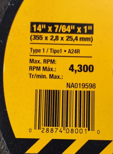 Dewalt 2er Pack Kappsägeblatt Metall Trennscheibe DW8001 14" x 7/64" x 1" Neu - Bild 4 von 4