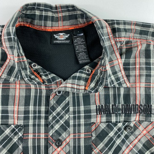 Harley Davidson Men's Short Sleeve Shirt Gray Black Orange Plaid Skull Cotton L - Picture 3 of 8