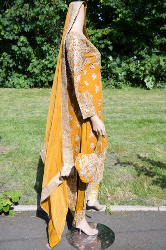 Mehndi Bride Palazzo Salwar Kameez Anzug SENF ROSA Hochzeit Party Wear Potli TASCHE - Bild 17 von 18