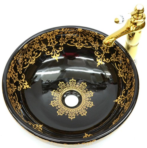 Fregadero lavabo de cerámica vintage oro negro patrón floral para baño encimera lavabo - Imagen 10 de 22