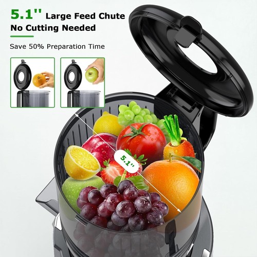 OMMO COLD PRESS JUICER 5.1" WIDE CHUTE FOR WHOLE FRUITS & VEG SLOW JUICER -GRAY - Picture 3 of 8