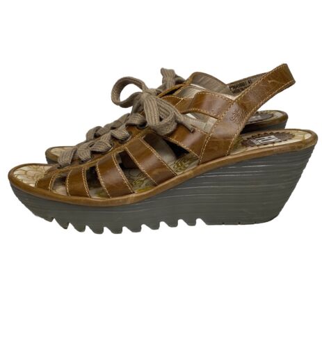 Fly London Yito Rug Womens 41/ 10 Brown Leather Wedge Slingback Open Toe Sandals