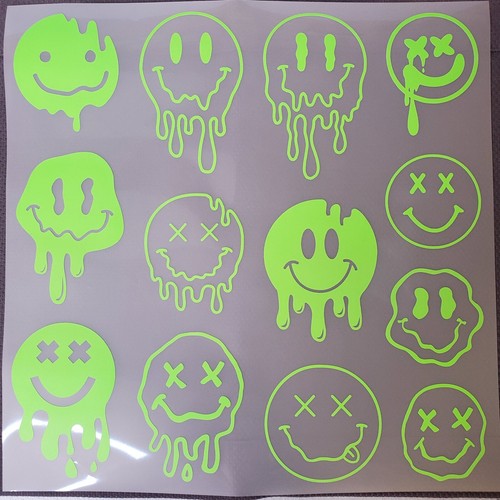 Glow In The Dark Vinyl Decal Smiley Face Drip Effect Lit Studio Decor Full Sheet - Picture 24 of 46