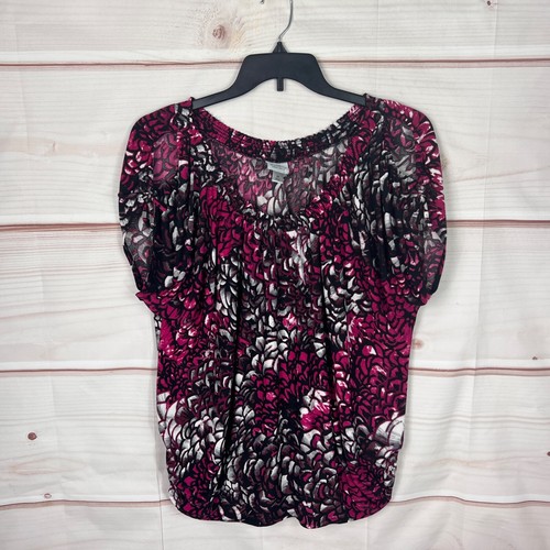 Worthington Top Damen 2X schwarz lila Blumen Bluse elastischer Ausschnitt Cold Shoulder