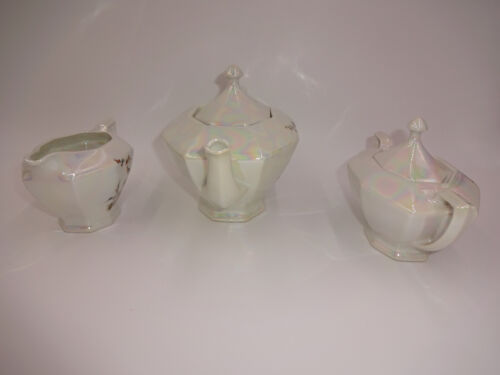 5 Pc Vintage White Pearl Victoria China Teapot Creamer Sugar Lids Czechoslovakia - Picture 4 of 11