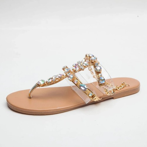 Ladies Rhinestones Sandals Summer Beach Slippers for Women Clip Toe Chain - Picture 9 of 23