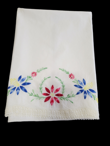 Vintage Cotton Pillowcase Hand Embroidered Red Blue Flowers Crochet Trim 20"x29"