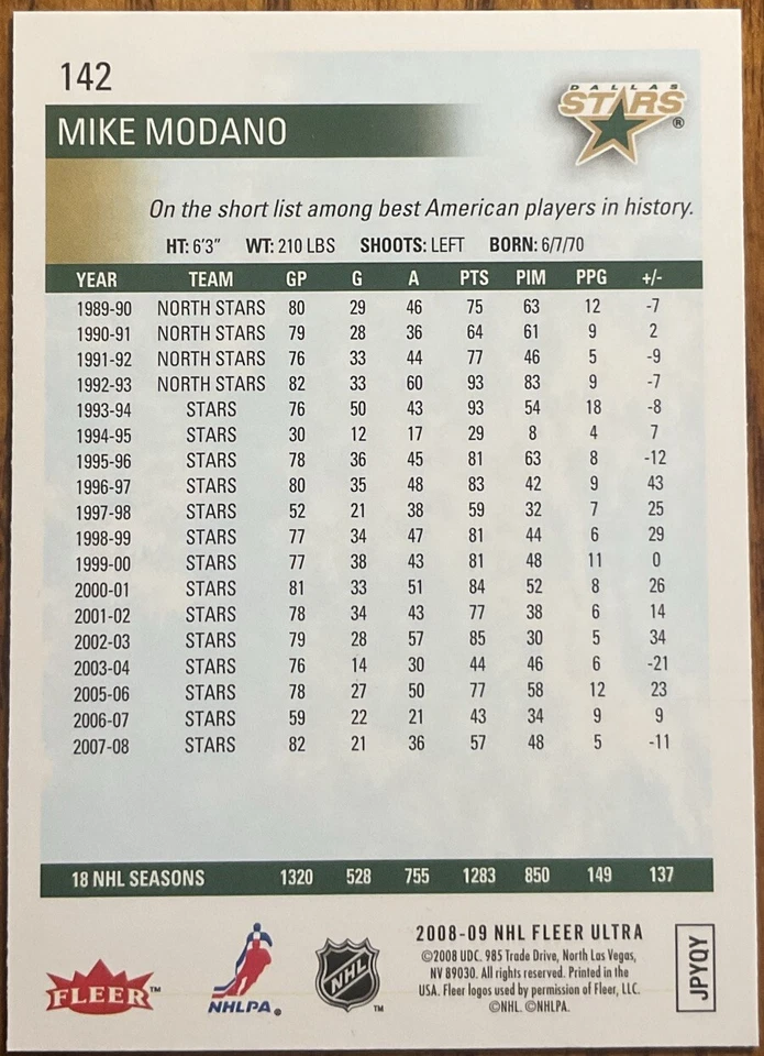 2008-09 Fleer Ultra Gold Medallion Mike Modano #142 Dallas Stars - Image 2 of 2