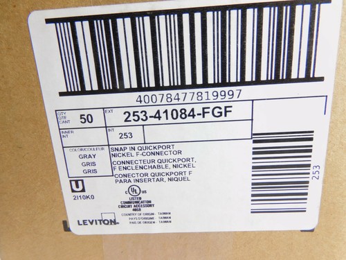 F-Type Coax Adapter Nickel 41084-FGF Leviton QuickPort -- Gray -- QUANTITY OF 50 - Picture 1 of 6