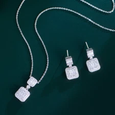 Dazzling Baguette White CZ Earrings Pendant Necklace Bridal Costume Jewelry Set