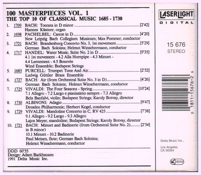 The Top 10 of Classical Music, 1685-1730, VOL. 1 (CD, Mar-1991, Laserlight) The Top 10 of Classical Music, 1685-1730, VOL. 1 (CD, Mar-1991, Laserlight)